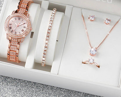 6PCS/Set Women's Watch Fashion Full Diamond Steel Band Quartz Watches
