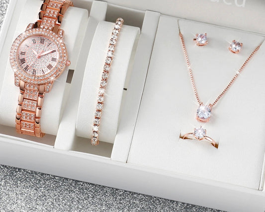 6PCS/Set Women's Watch Fashion Full Diamond Steel Band Quartz Watches