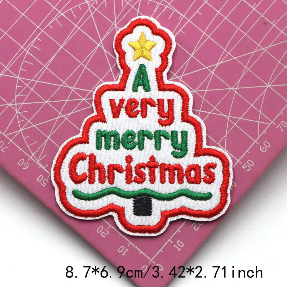 1PC Christmas Patches Iron on Patches For Clothing Chenille Embroidered Patch DIY Applique Patches With Gold Edge Patch