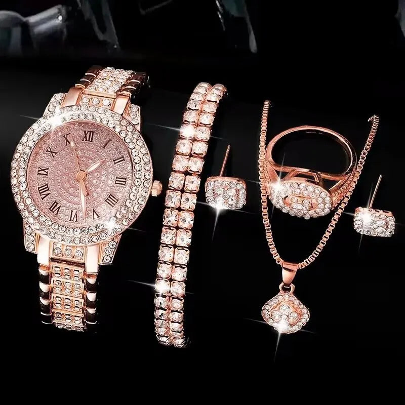 Golden Watch & Ring & Necklace Earrings Rhinestone Fashion