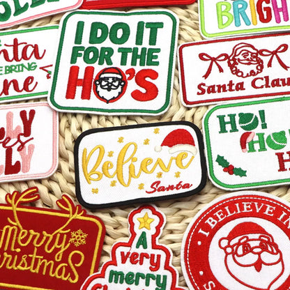 1PC Christmas Patches Iron on Patches For Clothing Chenille Embroidered Patch DIY Applique Patches With Gold Edge Patch