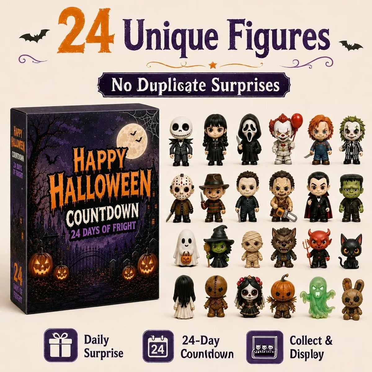 2026 Halloween Advent Calendar 24 Days Countdown 24pcs Horror Movie Mini Figures Set Desktop Home Party Decoration Surprise Gift