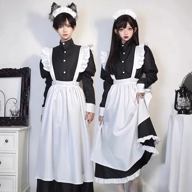 Japanese Style Maid Outfit Black & White Long Dress