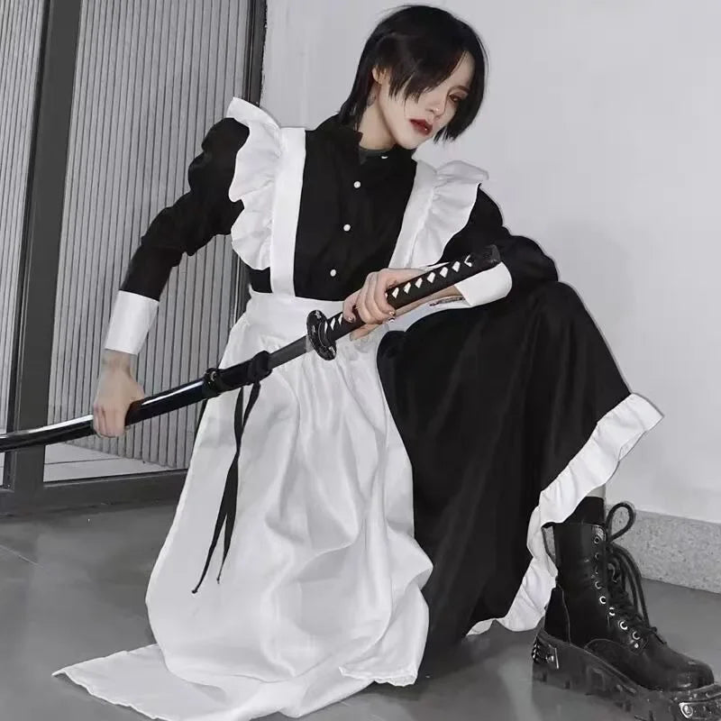 Japanese Style Maid Outfit Black & White Long Dress