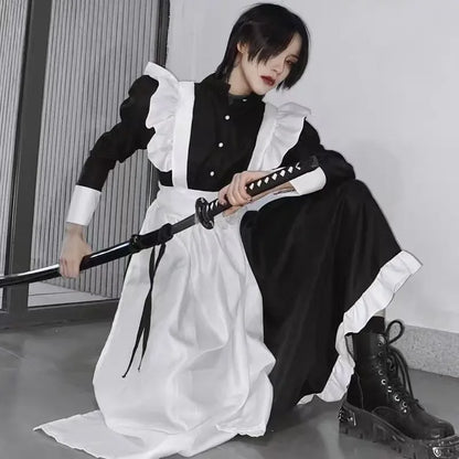 Japanese Style Maid Outfit Black & White Long Dress