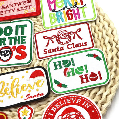 1PC Christmas Patches Iron on Patches For Clothing Chenille Embroidered Patch DIY Applique Patches With Gold Edge Patch