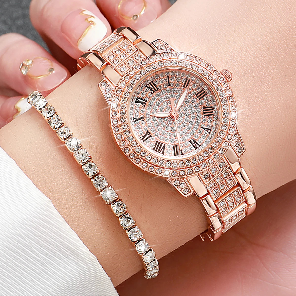 6PCS/Set Women's Watch Fashion Full Diamond Steel Band Quartz Watches