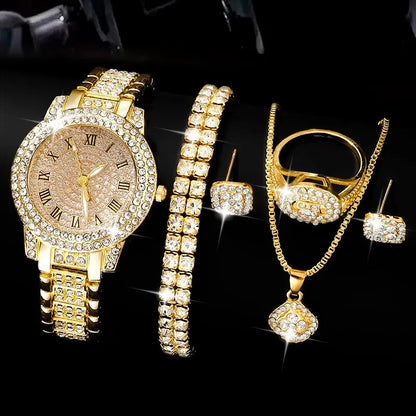 Golden Watch & Ring & Necklace Earrings Rhinestone Fashion