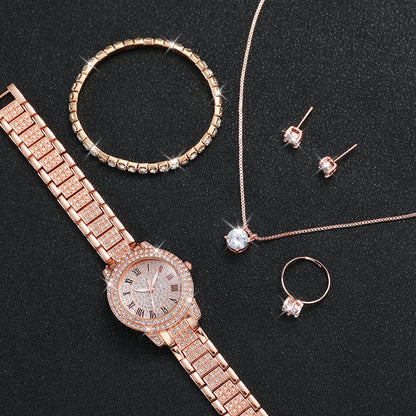 6PCS/Set Women's Watch Fashion Full Diamond Steel Band Quartz Watches