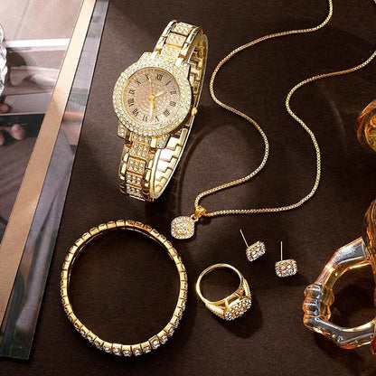 Golden Watch & Ring & Necklace Earrings Rhinestone Fashion