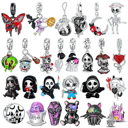 Original Charms Bead 925 Sterling Silver Horror Nun Grim Reaper Poison Apple Halloween Pendants Fit Bracelet DIY Jewelry Marking