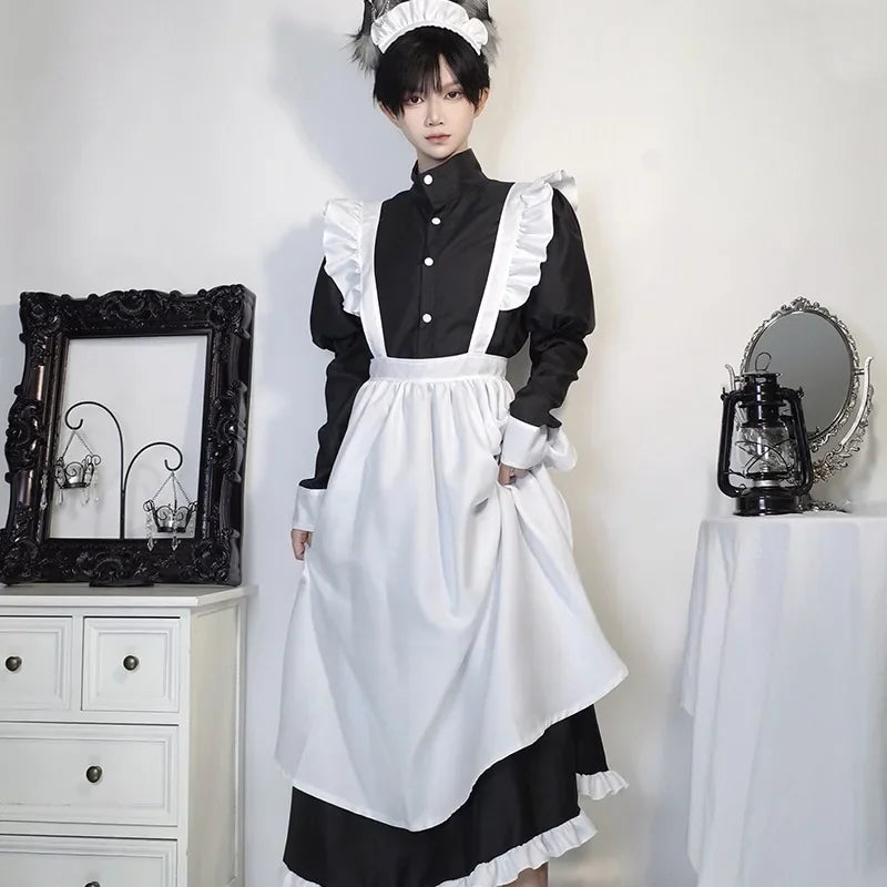 Japanese Style Maid Outfit Black & White Long Dress