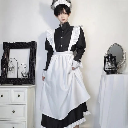 Japanese Style Maid Outfit Black & White Long Dress
