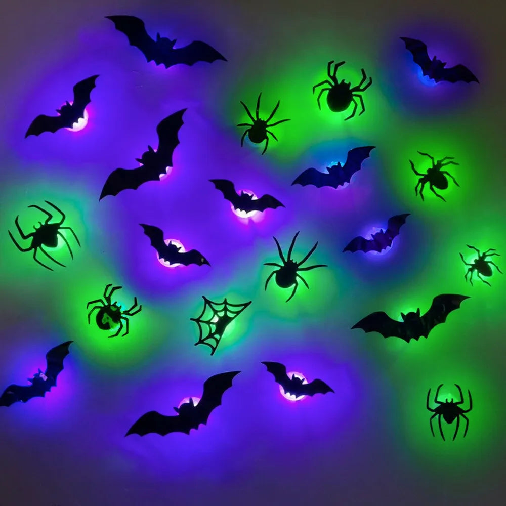 12/24pcs Halloween New Night Light Bat PET Stereoscopic Bat Festival Party Decoration LED Night Light Wall Decal