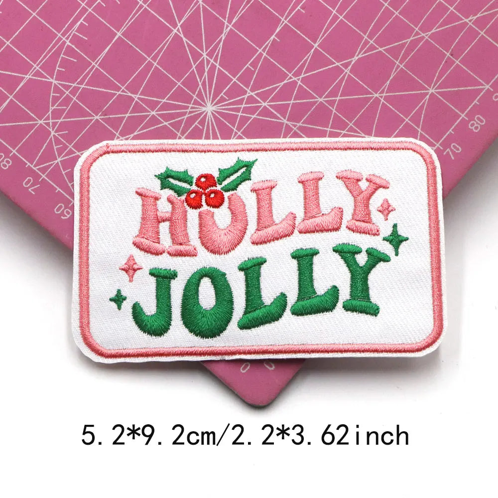1PC Christmas Patches Iron on Patches For Clothing Chenille Embroidered Patch DIY Applique Patches With Gold Edge Patch