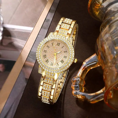 Golden Watch & Ring & Necklace Earrings Rhinestone Fashion