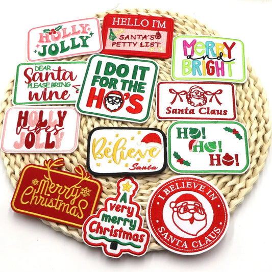 1PC Christmas Patches Iron on Patches For Clothing Chenille Embroidered Patch DIY Applique Patches With Gold Edge Patch
