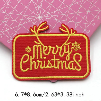 1PC Christmas Patches Iron on Patches For Clothing Chenille Embroidered Patch DIY Applique Patches With Gold Edge Patch