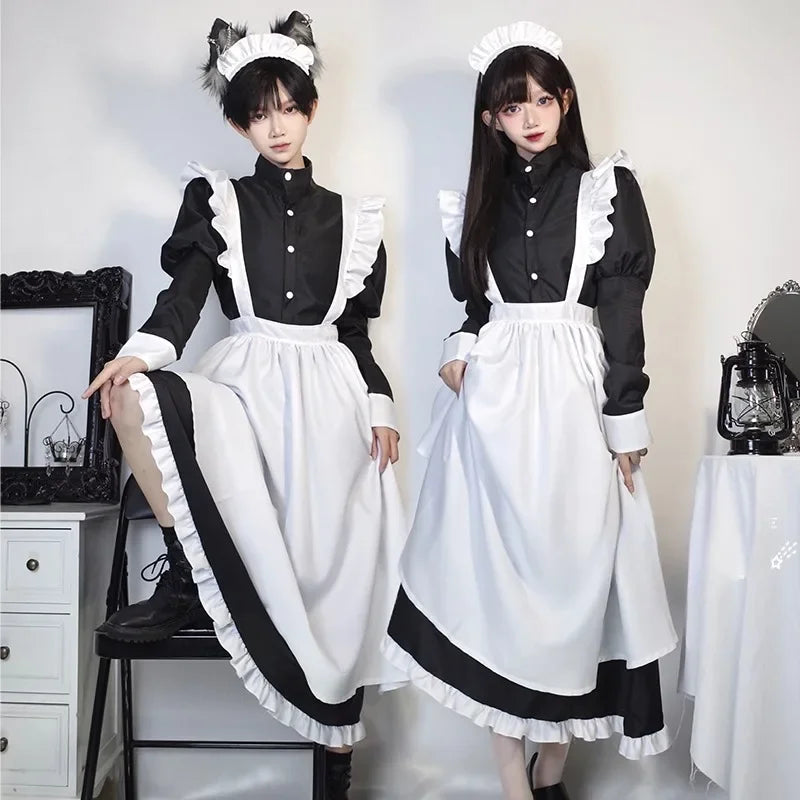 Japanese Style Maid Outfit Black & White Long Dress