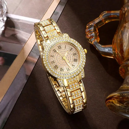 Golden Watch & Ring & Necklace Earrings Rhinestone Fashion