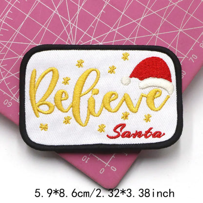1PC Christmas Patches Iron on Patches For Clothing Chenille Embroidered Patch DIY Applique Patches With Gold Edge Patch