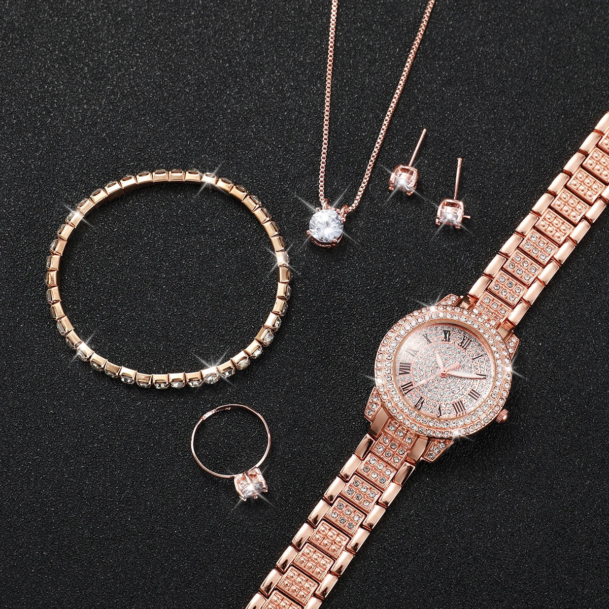 6PCS/Set Women's Watch Fashion Full Diamond Steel Band Quartz Watches