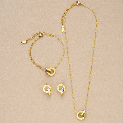 4Pcs/Set Gold Color Stainless Steel Crystal Necklace Bracelet Earrings for Women
