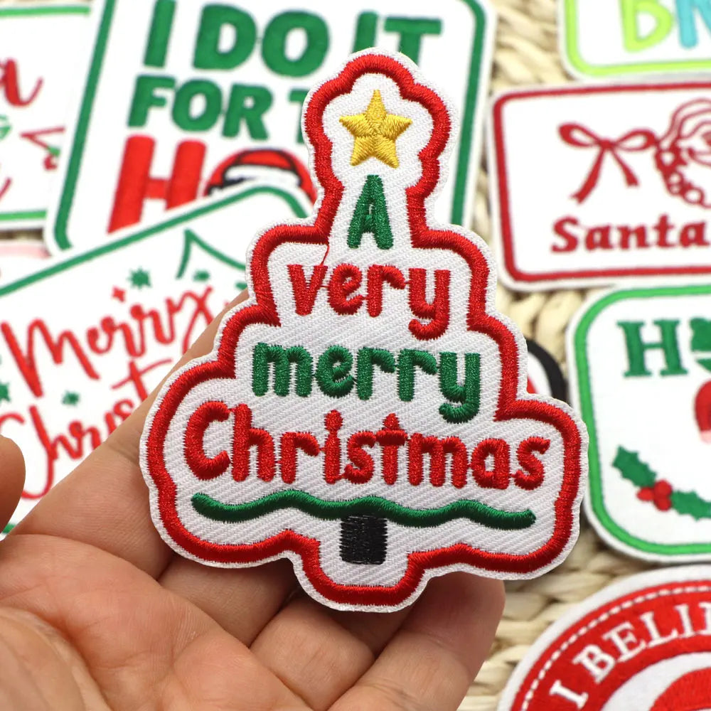 1PC Christmas Patches Iron on Patches For Clothing Chenille Embroidered Patch DIY Applique Patches With Gold Edge Patch