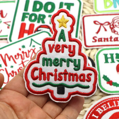 1PC Christmas Patches Iron on Patches For Clothing Chenille Embroidered Patch DIY Applique Patches With Gold Edge Patch