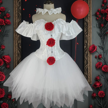 Halloween Clown Cosplay Costume Women Corsets Suit With Skirt Circus Performance Outfit Role Play Party Carnival Jester Dress