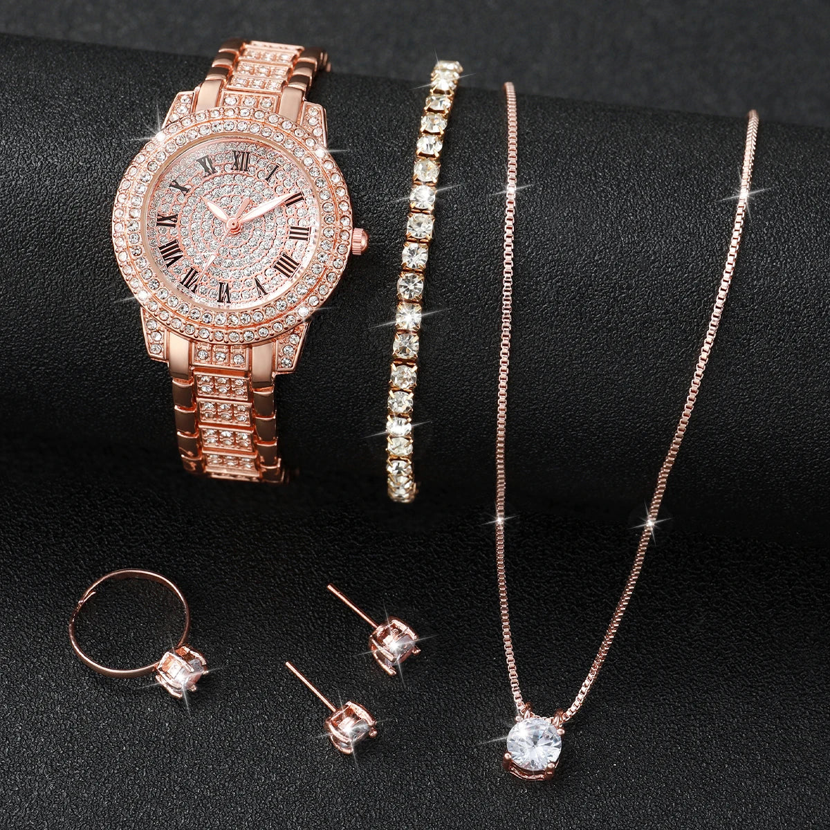 6PCS/Set Women's Watch Fashion Full Diamond Steel Band Quartz Watches