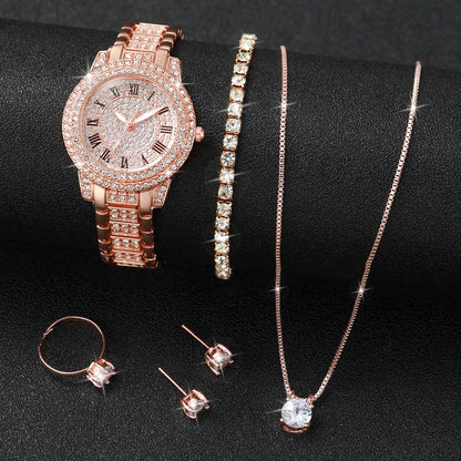 6PCS/Set Women's Watch Fashion Full Diamond Steel Band Quartz Watches