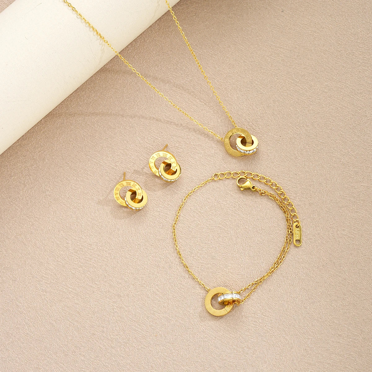 4Pcs/Set Gold Color Stainless Steel Crystal Necklace Bracelet Earrings for Women