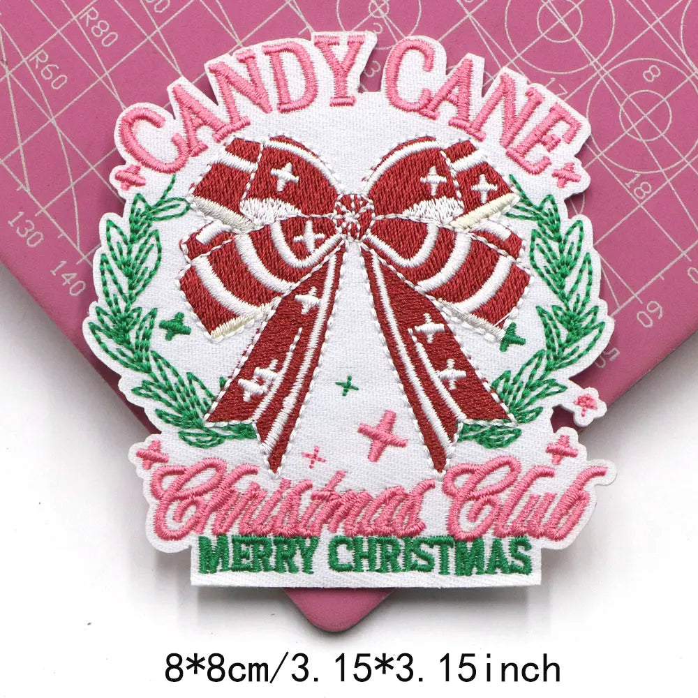 1PC Christmas Patches Iron on Patches For Clothing Chenille Embroidered Patch DIY Applique Patches With Gold Edge Patch