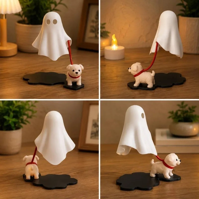 Ghost Walking Puppy Halloween Figurine, Cute White Dog and Ghost Tabletop Decor for Desk, Shelf, Office, Bedroom and Home & Gift