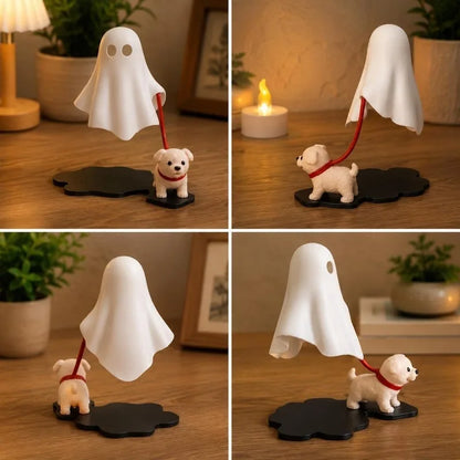 Ghost Walking Puppy Halloween Figurine, Cute White Dog and Ghost Tabletop Decor for Desk, Shelf, Office, Bedroom and Home & Gift