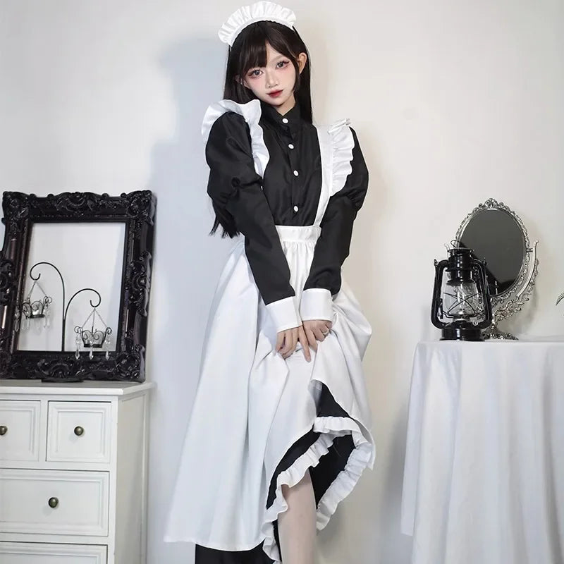 Japanese Style Maid Outfit Black & White Long Dress