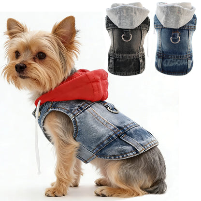 Cool Dog Jean Jacket Vest with D-Ring Hoodies for Small Medium Dogs