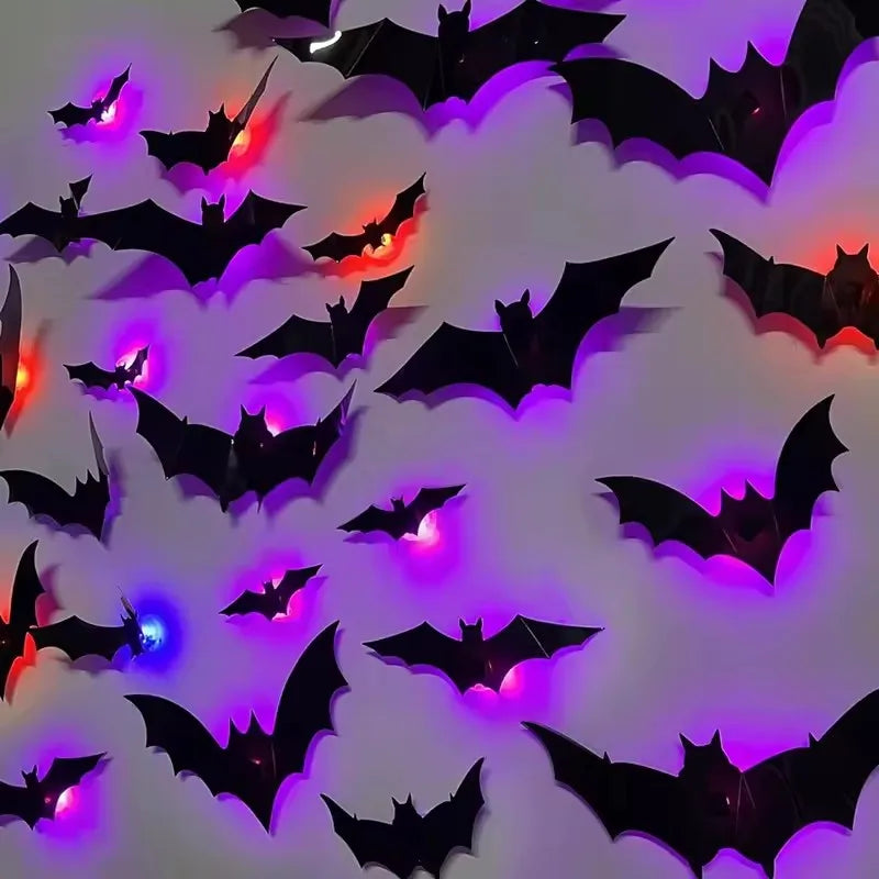 12/24pcs Halloween New Night Light Bat PET Stereoscopic Bat Festival Party Decoration LED Night Light Wall Decal