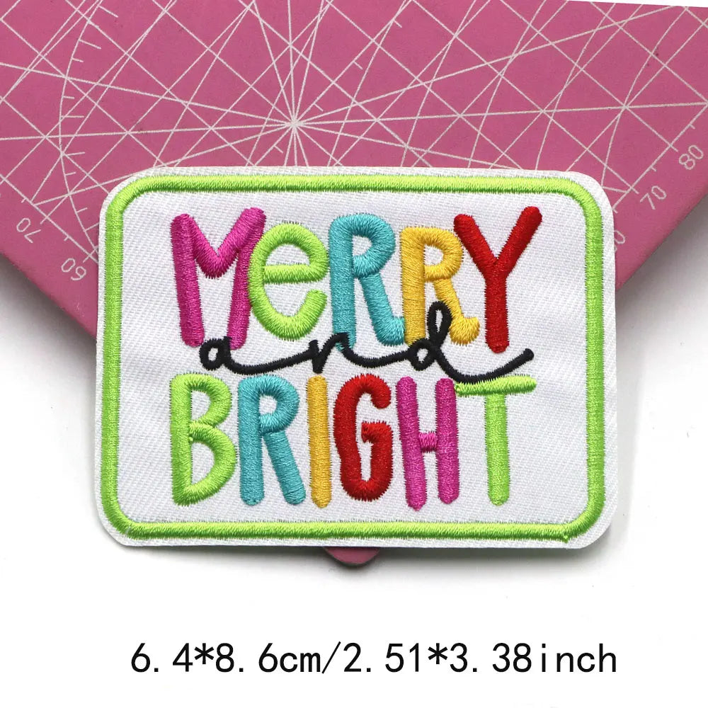 1PC Christmas Patches Iron on Patches For Clothing Chenille Embroidered Patch DIY Applique Patches With Gold Edge Patch