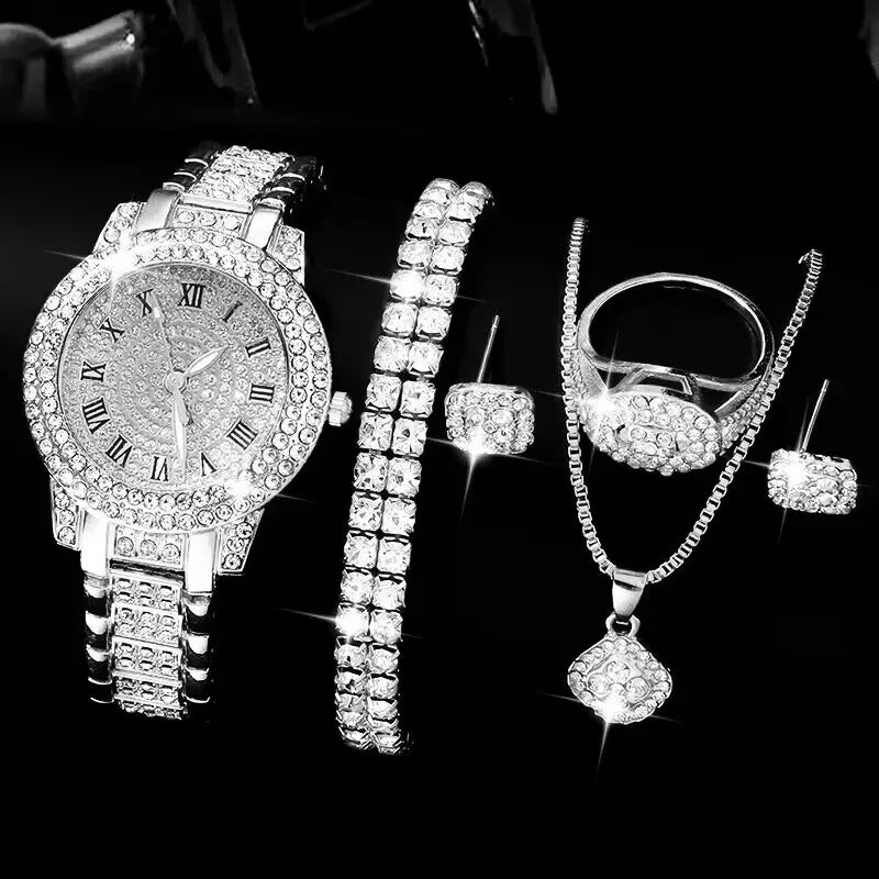 Golden Watch & Ring & Necklace Earrings Rhinestone Fashion