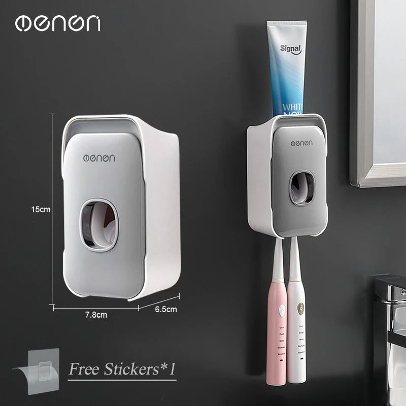 MENGNI Automatic Toothpaste Dispenser Wall-Mounted Bathroom Toothpaste Squeezer Punch-Free Toothbrush Holder Rack Bathroom Acces